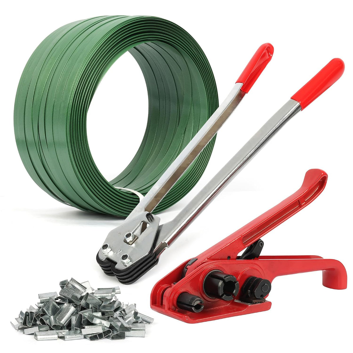 Heavy Duty Packing Strapping Tensioner Kit 150 Metal Seals, 5/8" x 0.031" x 820ft Polyester PET Strapping, Pallet