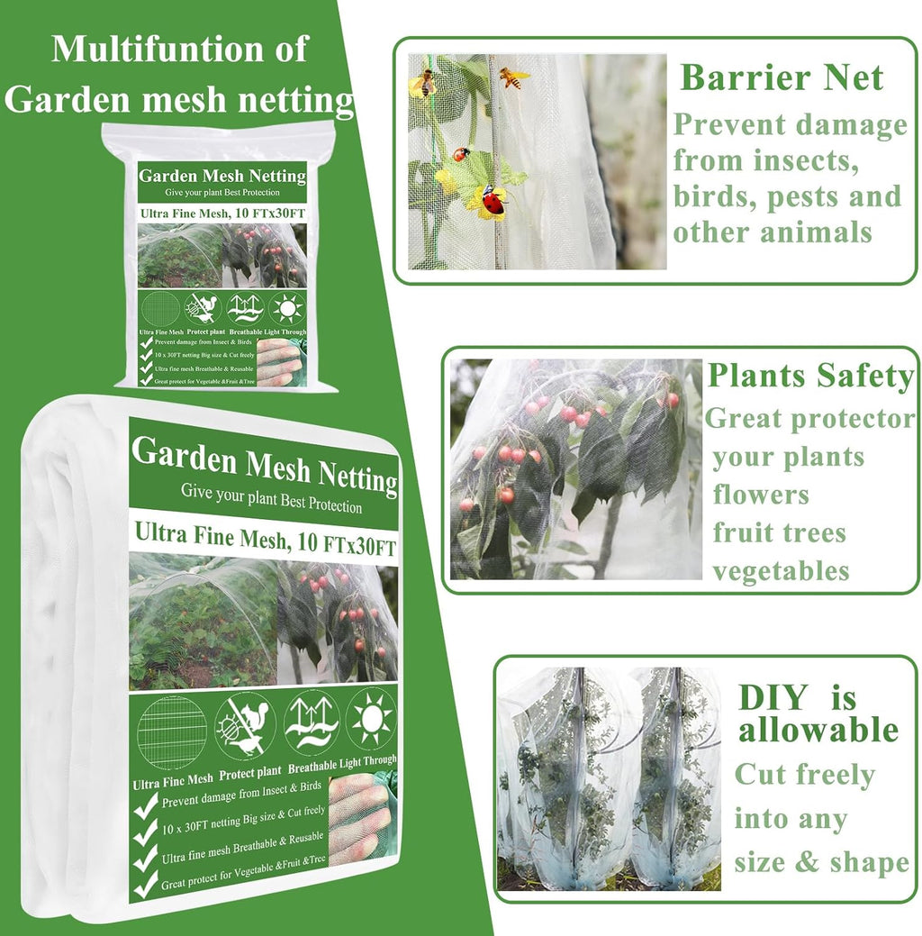 Garden Mesh Netting Kit,10 x 30FT Ultra Fine Netting with 6 Sets Fiberglass Garden Hoops for Raised Beds Vegetable