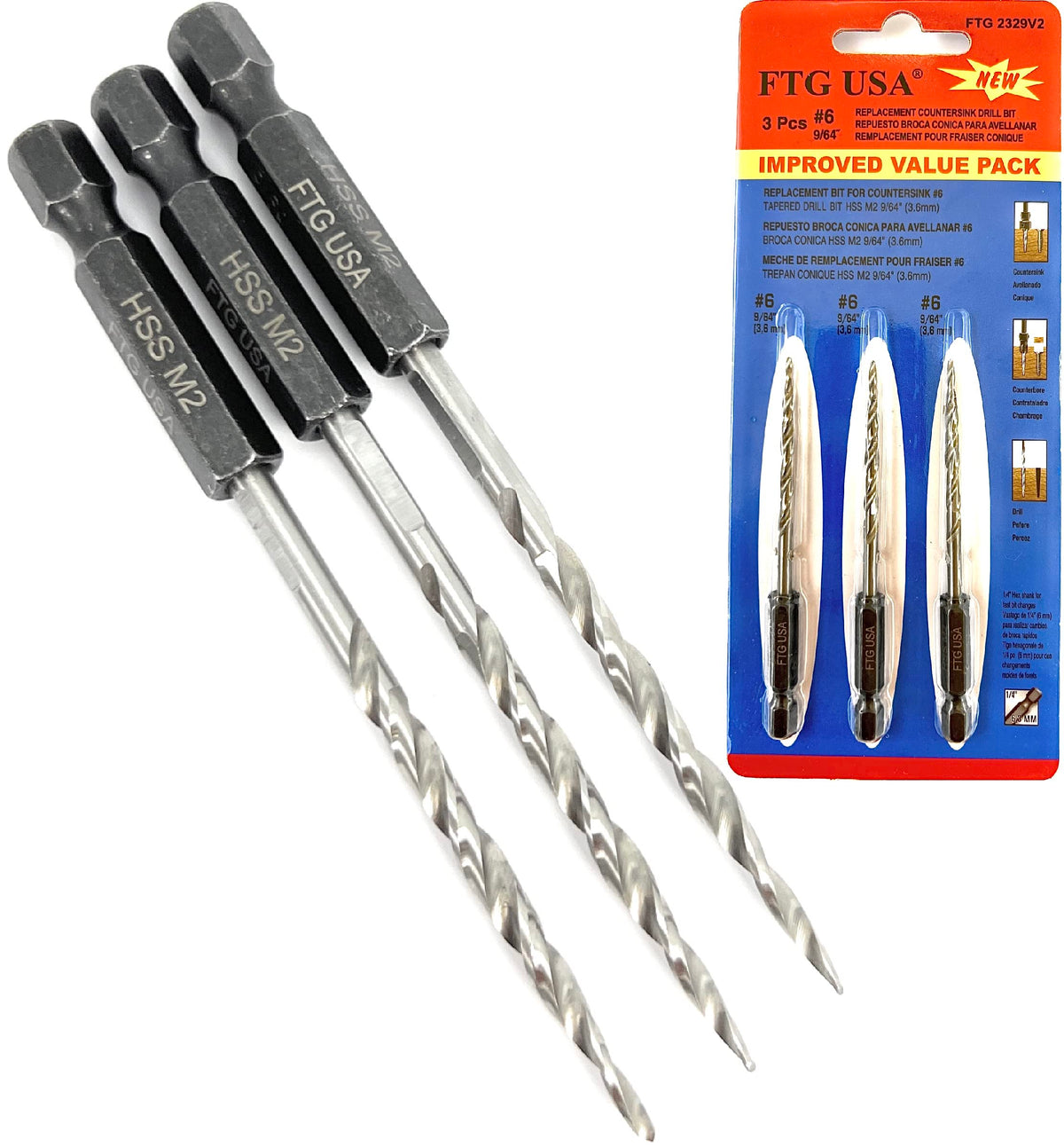 FTG USA 3Pc #6 (9/64") Replacement Countersink Drill Bit Set Tapered Bits