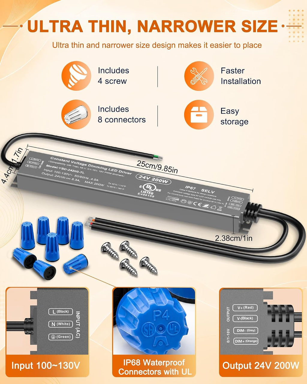 200W 24V Dimmable LED Driver,UL Listed 5-in-1 Triac/0-10V/MLV/PWM