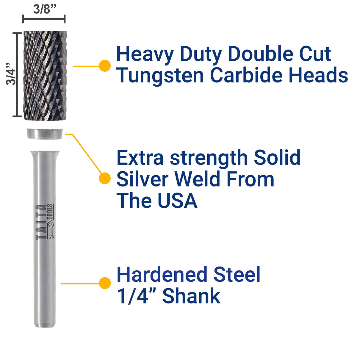 TaitaTools SA-3 Cylindrical Double-Cut Carbide Burr, 1/4 in Shank, 5 Pack