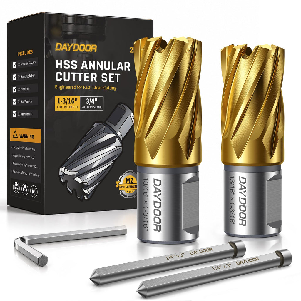 DAYDOOR 13/16'' HSS Annular Cutter, TiN Coated, 1-3/16'' Cutting Depth, 2pc