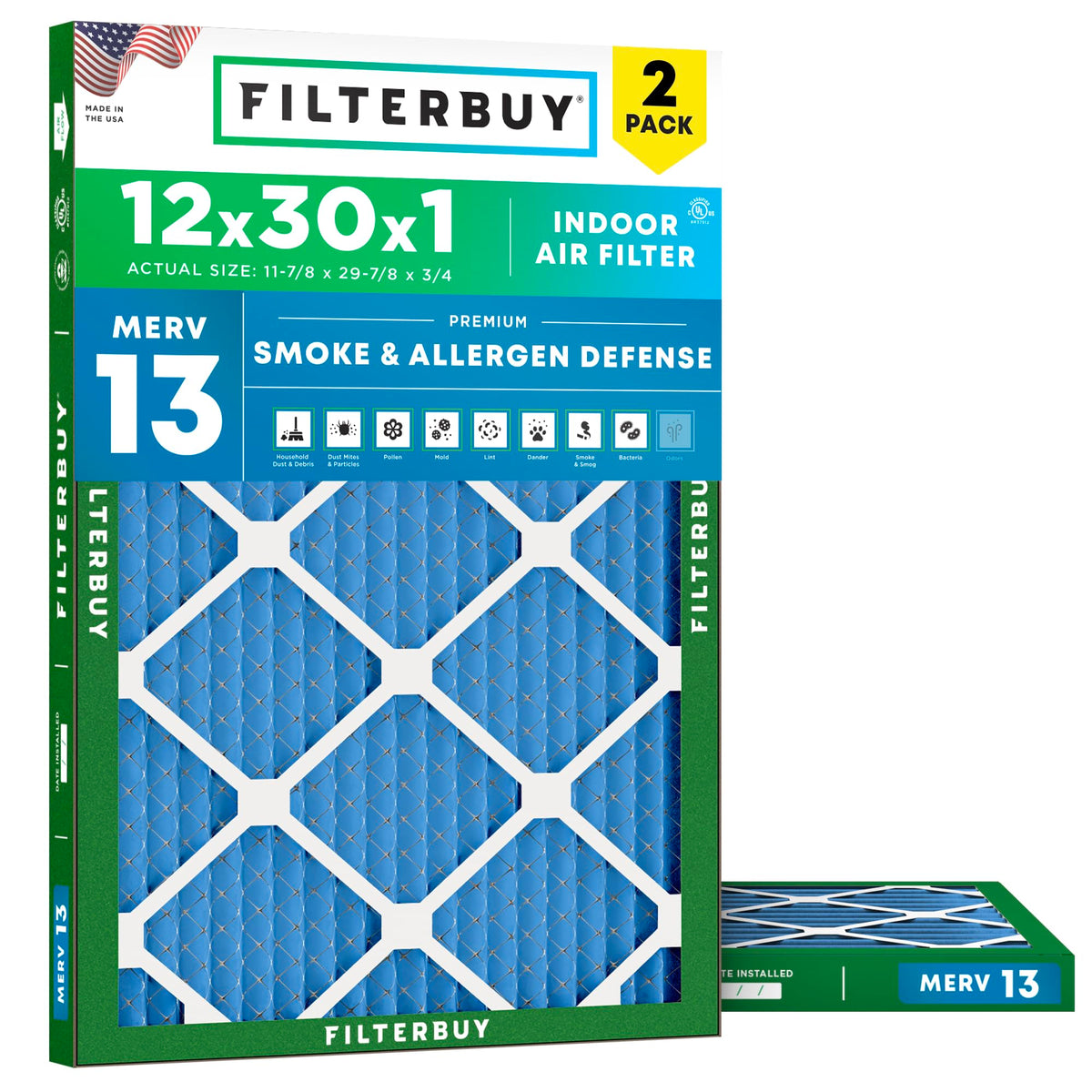 12x30x1 Air Filter MERV 13 Smoke & Allergy Defense (2-Pack)