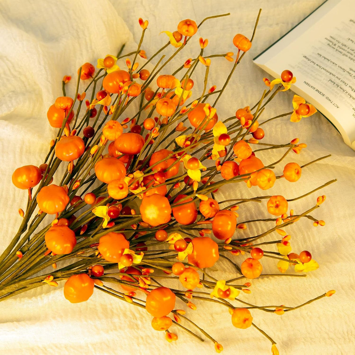 8-Pack Artificial Fall Picks 17" Tall with Mini Pumpkins and Berry | Flexible Fall Stems with Harvest Berries