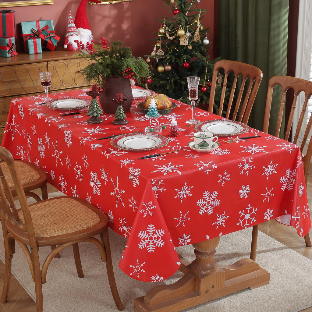 Christmas Red Table Cloth, Snowflake Print, Flannel Backed Vinyl Tablecloth for Rectangle Tables, Waterproof PVC