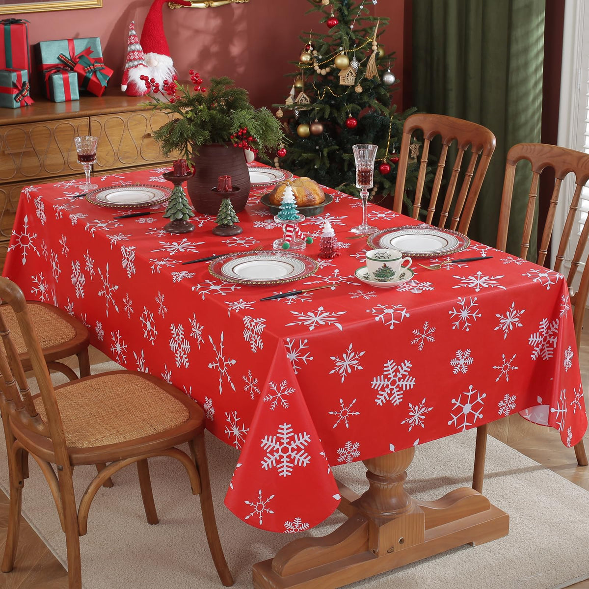 Christmas Red Table Cloth, Snowflake Print, Flannel Backed Vinyl Tablecloth for Rectangle Tables, Waterproof PVC