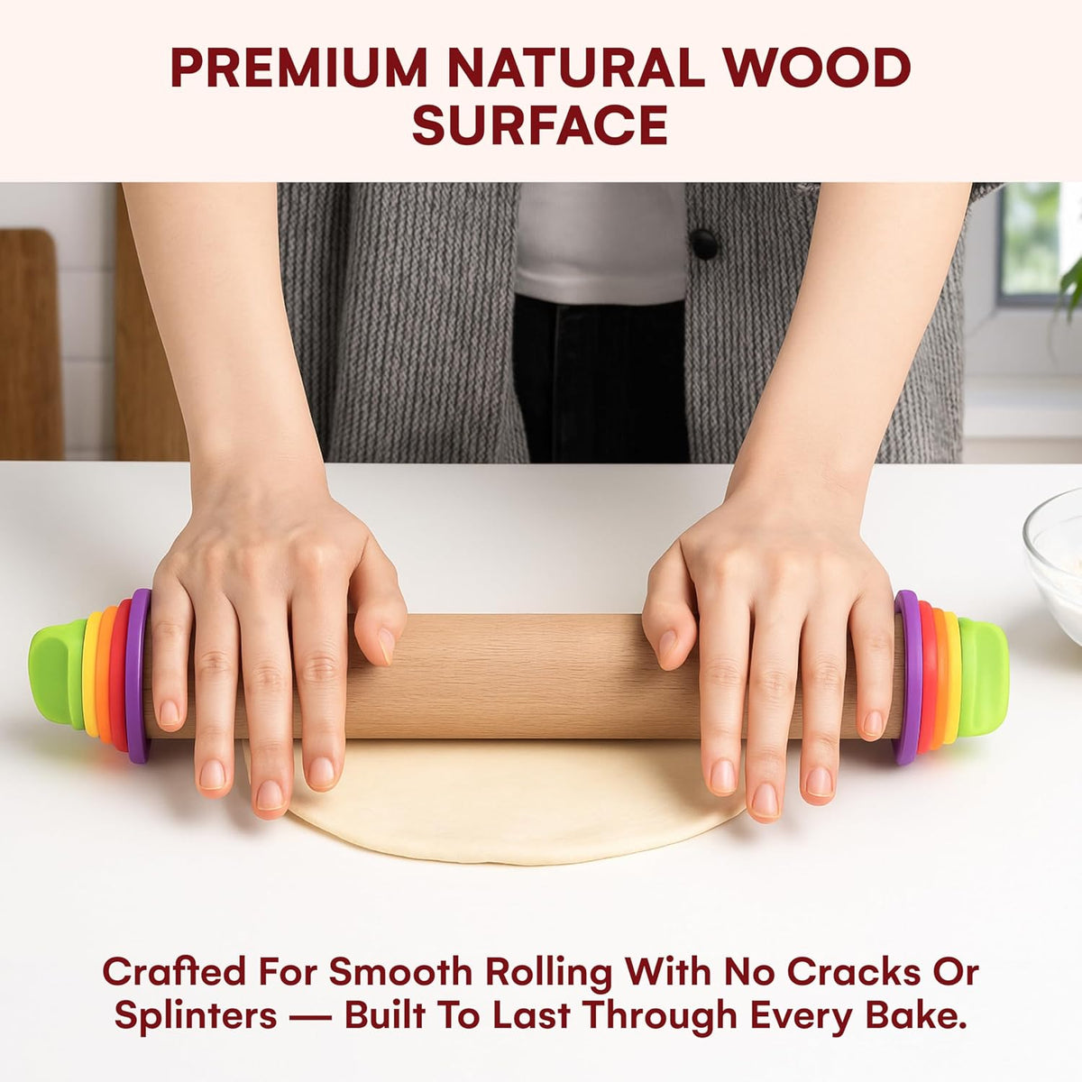 Rolling Pin with Thickness Rings - Adjustable Wooden Rolling Pin - Baking Essential and Roller Tool - Consistent