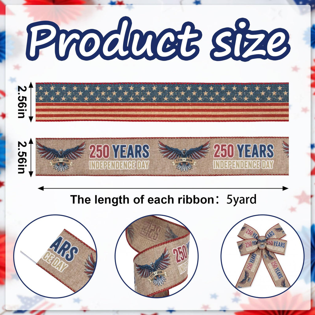 2 Rolls USA 250th Anniversary Ribbons for Wreath Bows Gifts, Red Blue Star Burlap Ribbons Patriotic Ribbon 4th of