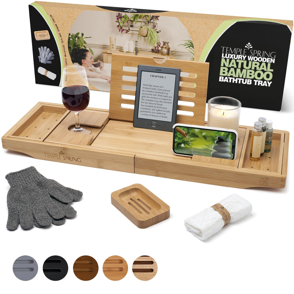 Bamboo Bathtub Tray Caddy for Tub — Expandable Wood Bath Tray with Solid Book Stand Wine Holder and Non-Slip Pads —