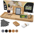 Bamboo Bathtub Tray Caddy for Tub — Expandable Wood Bath Tray with Solid Book Stand Wine Holder and Non-Slip Pads —