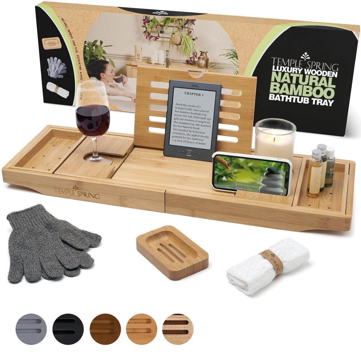 Bamboo Bathtub Tray Caddy for Tub — Expandable Wood Bath Tray with Solid Book Stand Wine Holder and Non-Slip Pads —