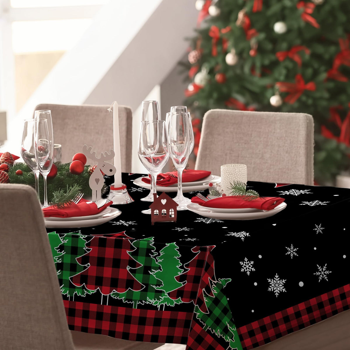 Christmas Tablecloth 60 x 84 Inch, Christmas Trees Table Cloth Rectangular, Black Buffalo Plaid Oblong Winter Xmas