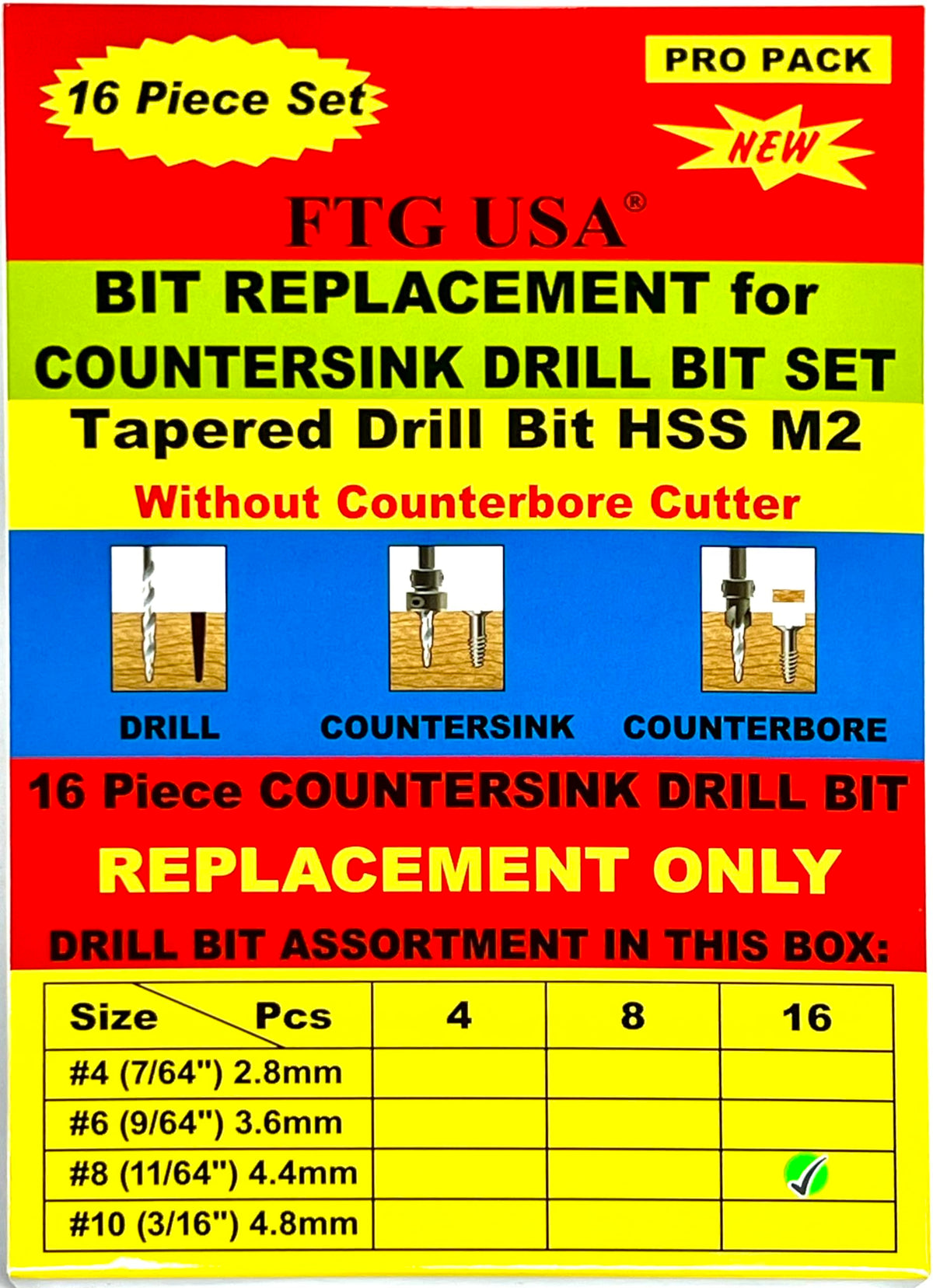 FTG USA 16Pc #8 (11/64") Replacement Countersink Drill Bit Set Tapered Bits