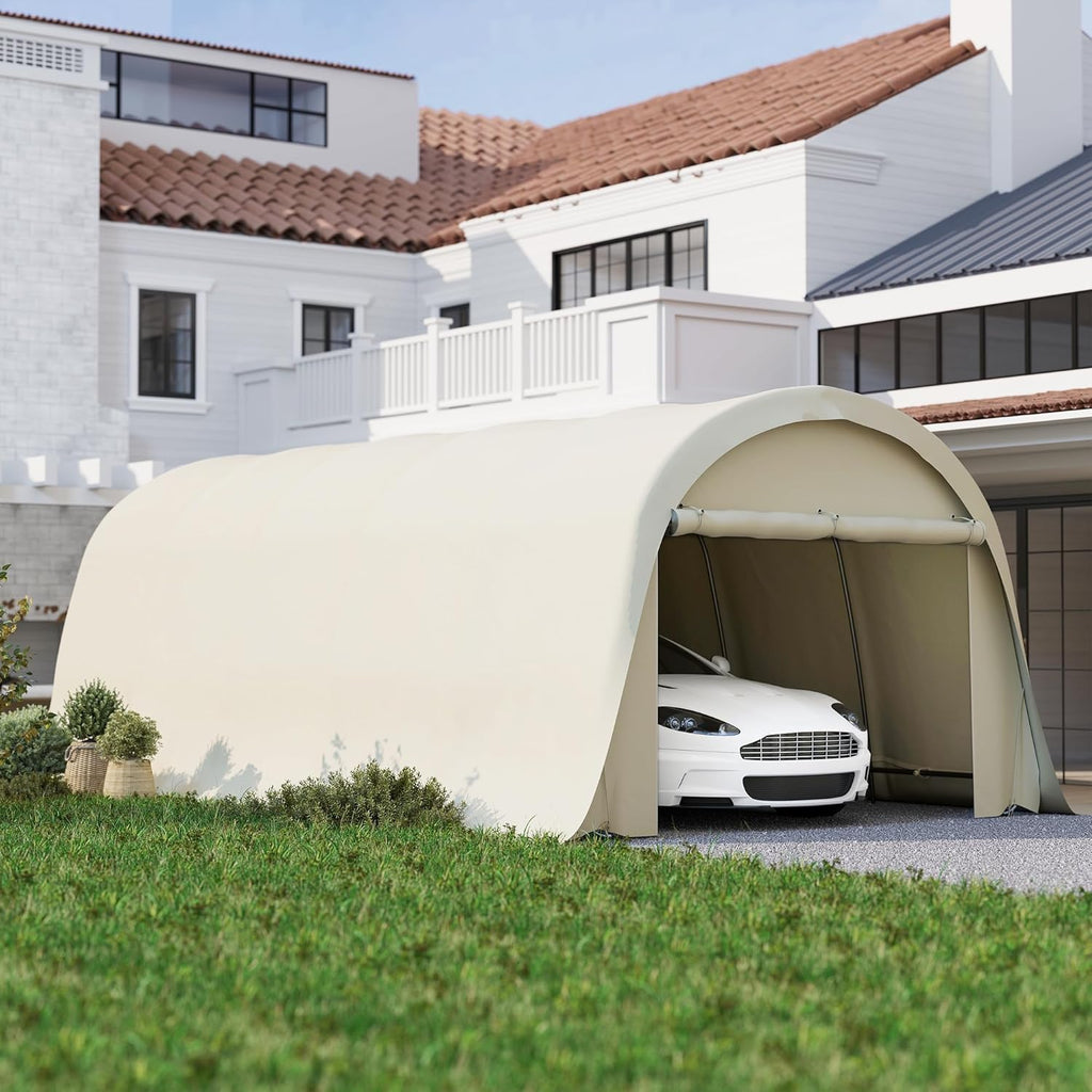 12' x 23.6' Heavy Duty Carport Portable Garage UPF50+ Beige | Car Canopy Tent, Galvanized Frame, Large Roll-Up Door