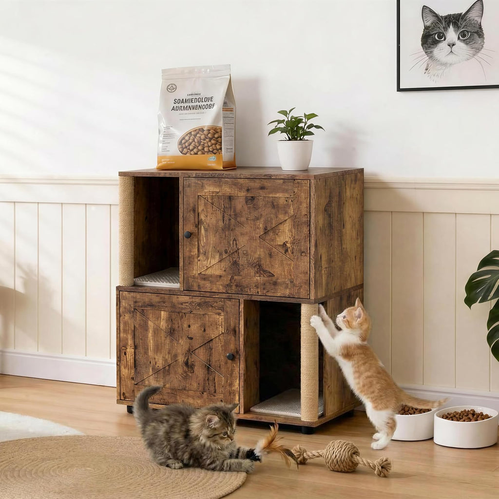 Double Cat Litter Box Enclosure, Hidden Litter Box Furniture Cabinet, 2 Tier Cat Washroom Bench, Decorative Cat House