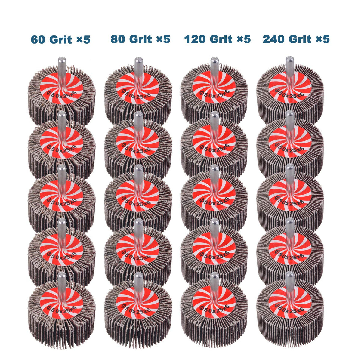 20 Pack Abrasive Flap Wheel Sander Set, Mixflor 2”X 1” X1/4” Shank Flap Wheels–5 Pcs of Each 60 80 120 and 240 Grits Aluminum Oxide Flap Wheel Sander for Drill