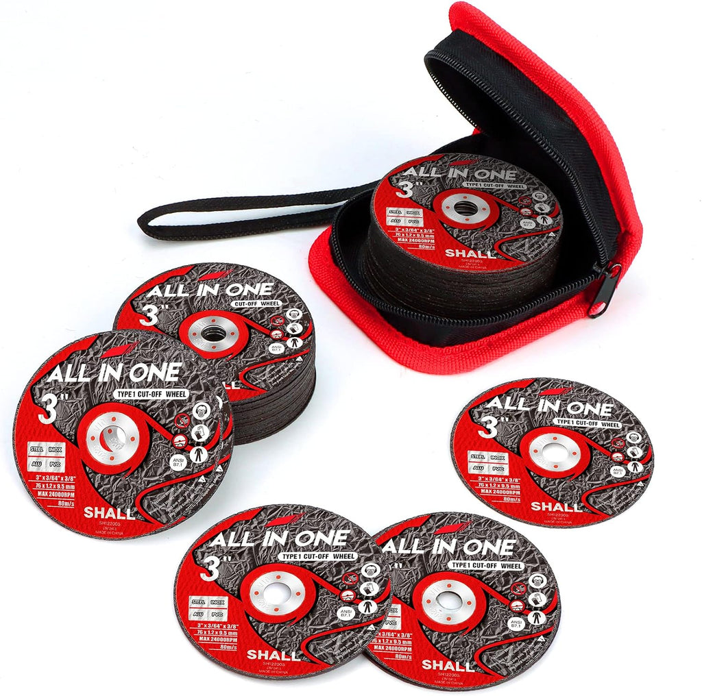 SHALL 25-Pack Cut Off Wheels 3” x 3/8” x 3/64” - Ultra Thin Cutting Wheel with Pouch for Angle Grinder & Cut-Off Tools - Fast Cutting Disc for INOX, Steel, Iron, Non-Ferrous Metal & PVC