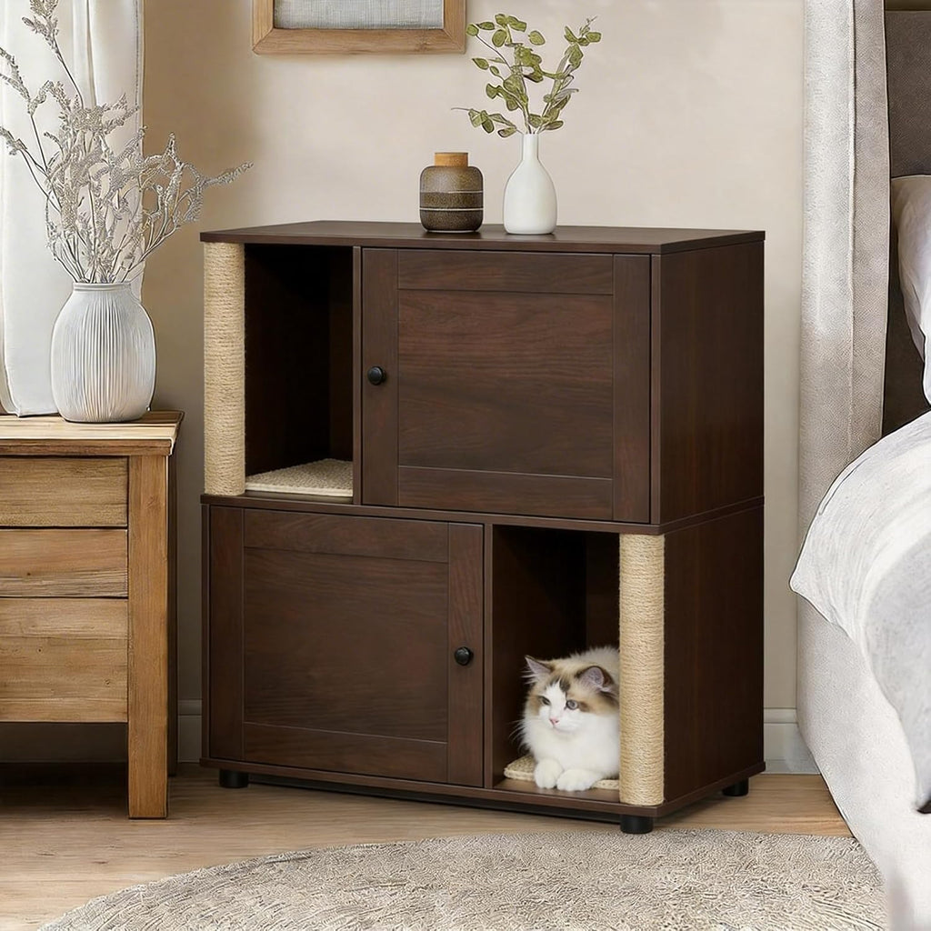 Double Cat Litter Box Enclosure Furniture Walnut Cat Litter Cabinet