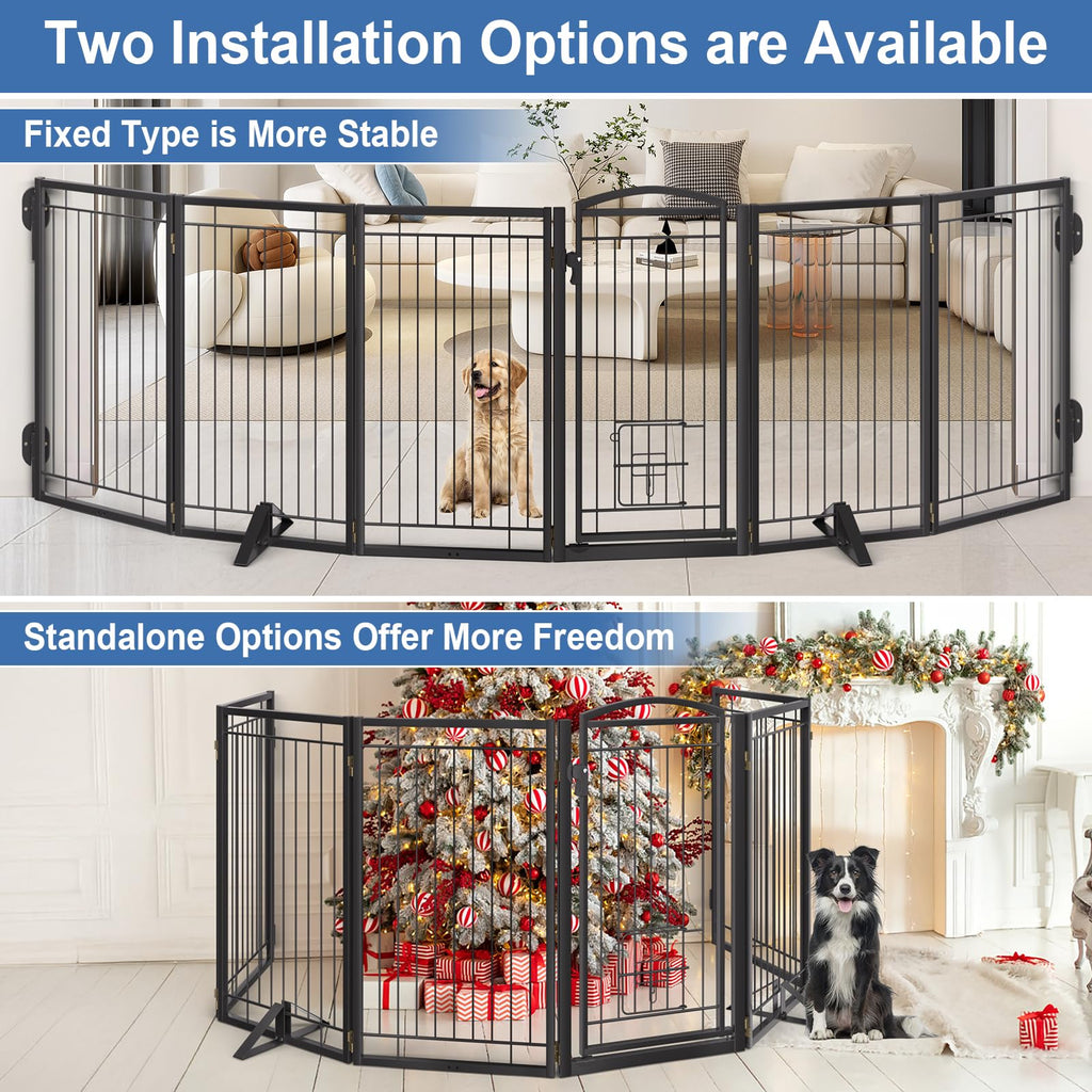 36" Tall x 120" Freestanding Heavy-Duty Steel Folding Pet & Dog Barrier Gate with Support Feet for Wide Indoor Openings, Hallways & Stairs