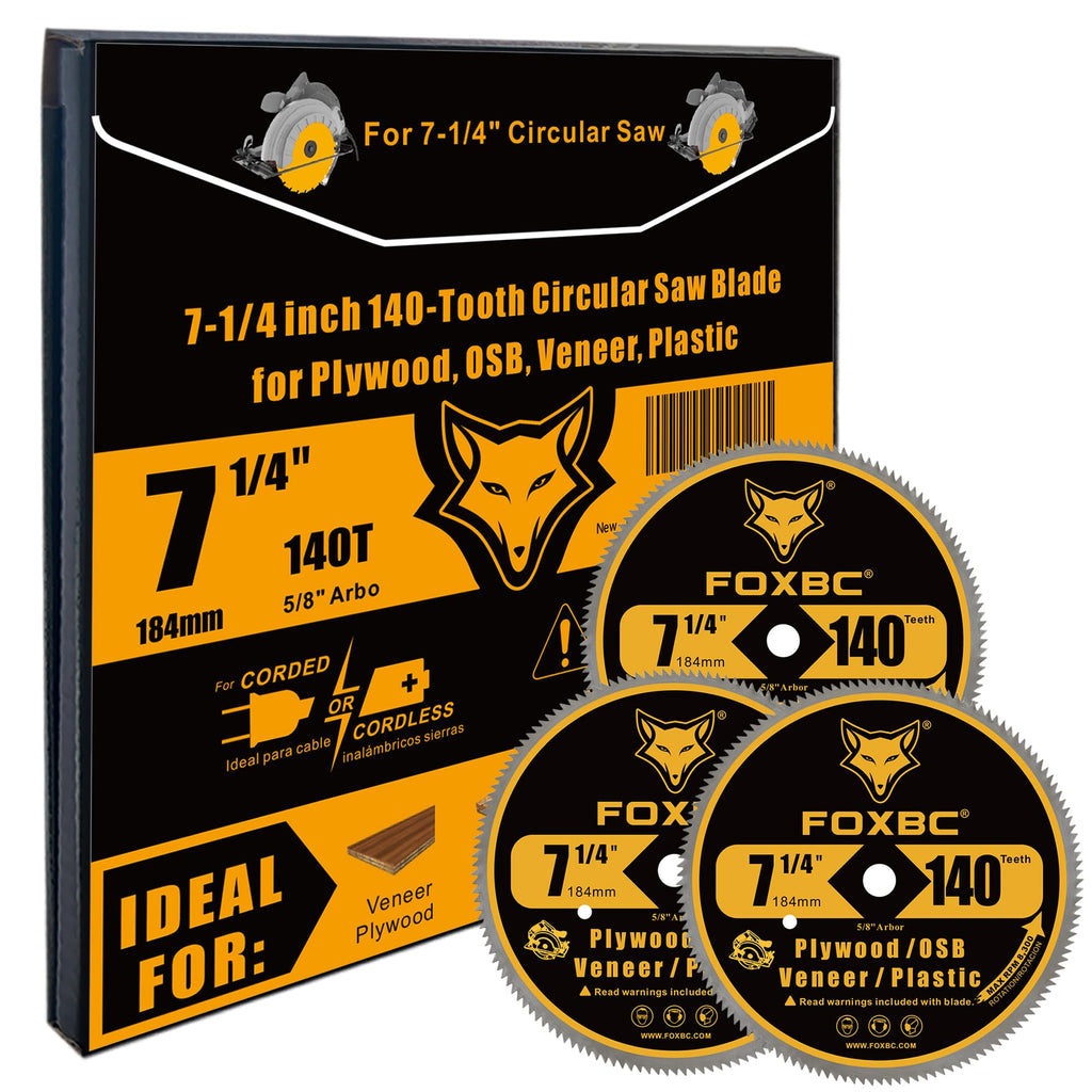 FOXBC 7-1/4 Inch 140 Tooth Fine Finish Carbon Circular Saw Blade for Plywood, OSB, Plastic, Veneer, Vinyl Wood Cutting with 5/8-Inch Diamond Arbor