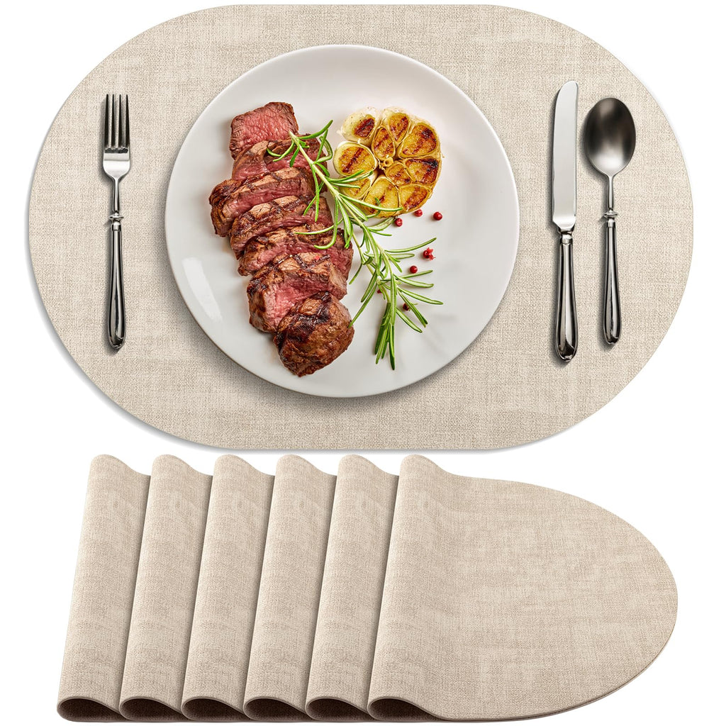 Faux Leather Oval Placemats Set of 6, Beige