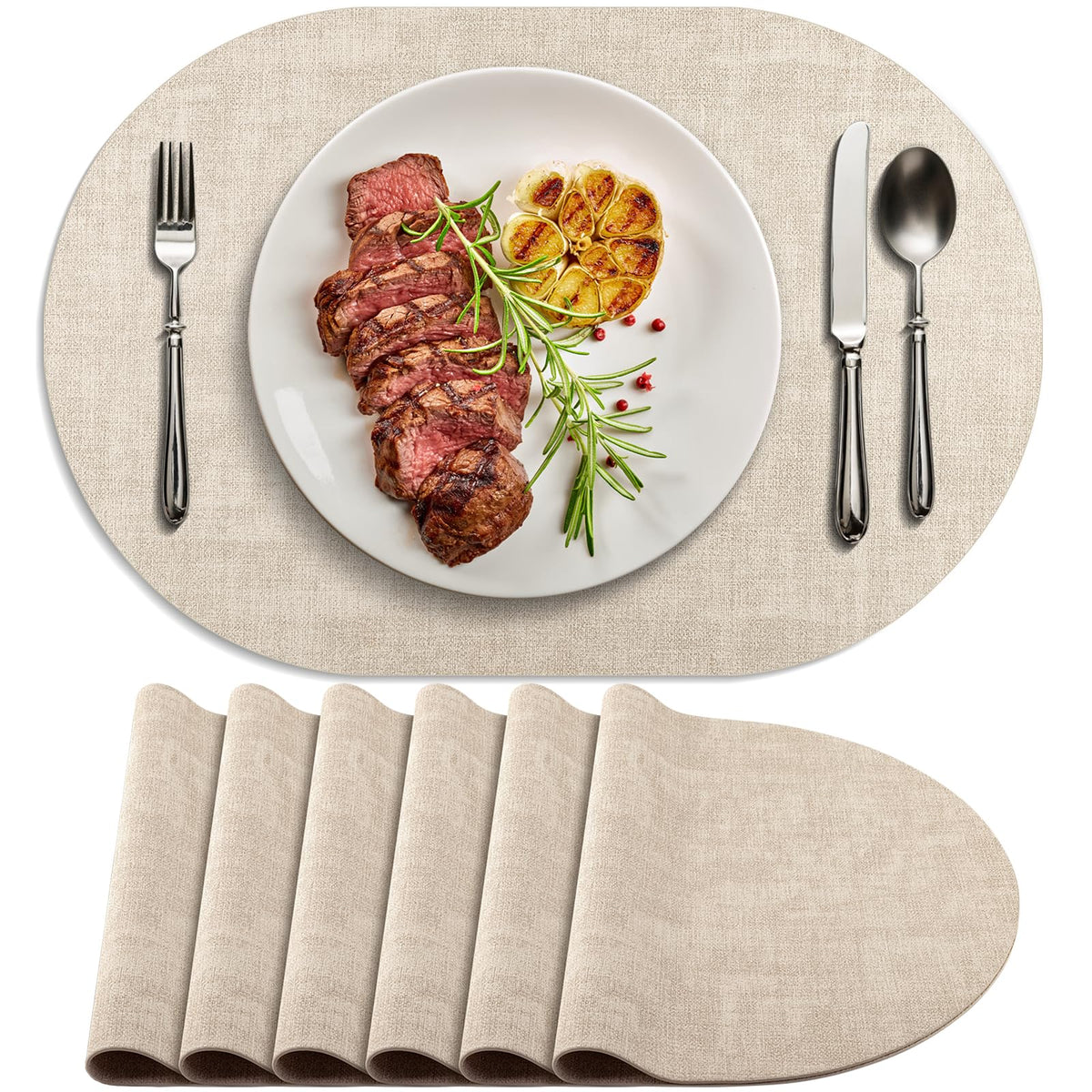 Faux Leather Oval Placemats Set of 6, Beige