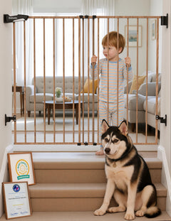 34" x 26-43" Extra-Tall Adjustable Hardware/Pressure-Mounted Pet & Child Safety Gate with Dual-Lock Walk-Through Swing Door for Stairs, Hallways & Wide Doorways — Brown