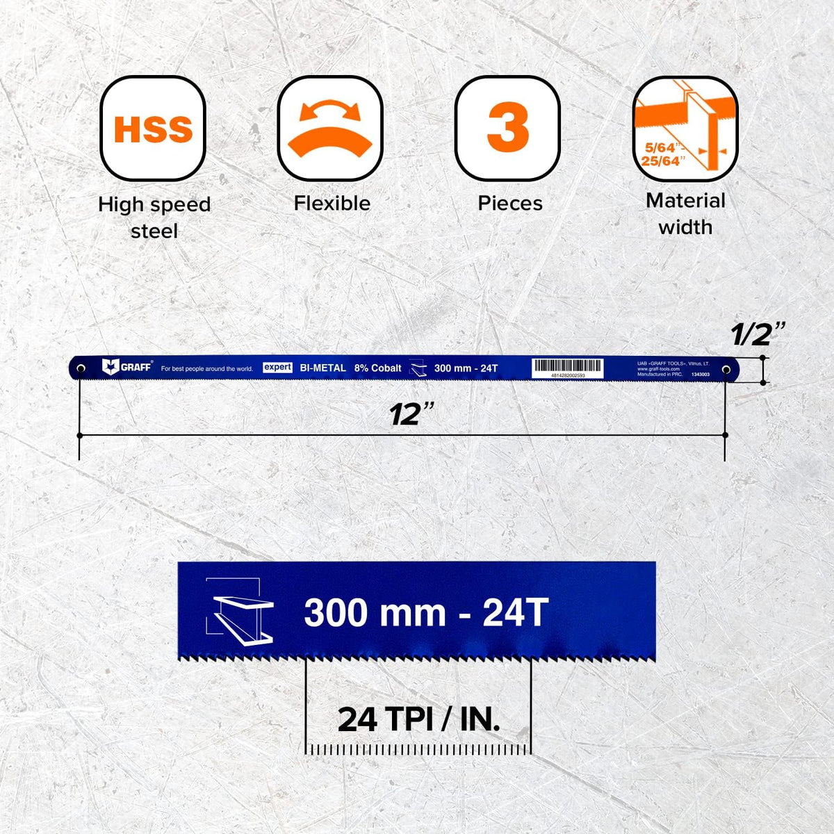 GRAFF 8% Cobalt Premium Hacksaw Blades 12 Inch for Stainless Steel and Metal Cutting 24 tpi - Handsaw Blades Replacement Bi-Metal