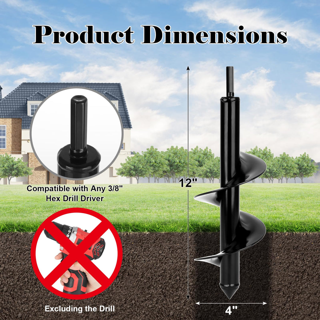 Tegarbed Auger Drill Bit for Planting 4 x12, Fit 3/8'' Hex Drill, Black