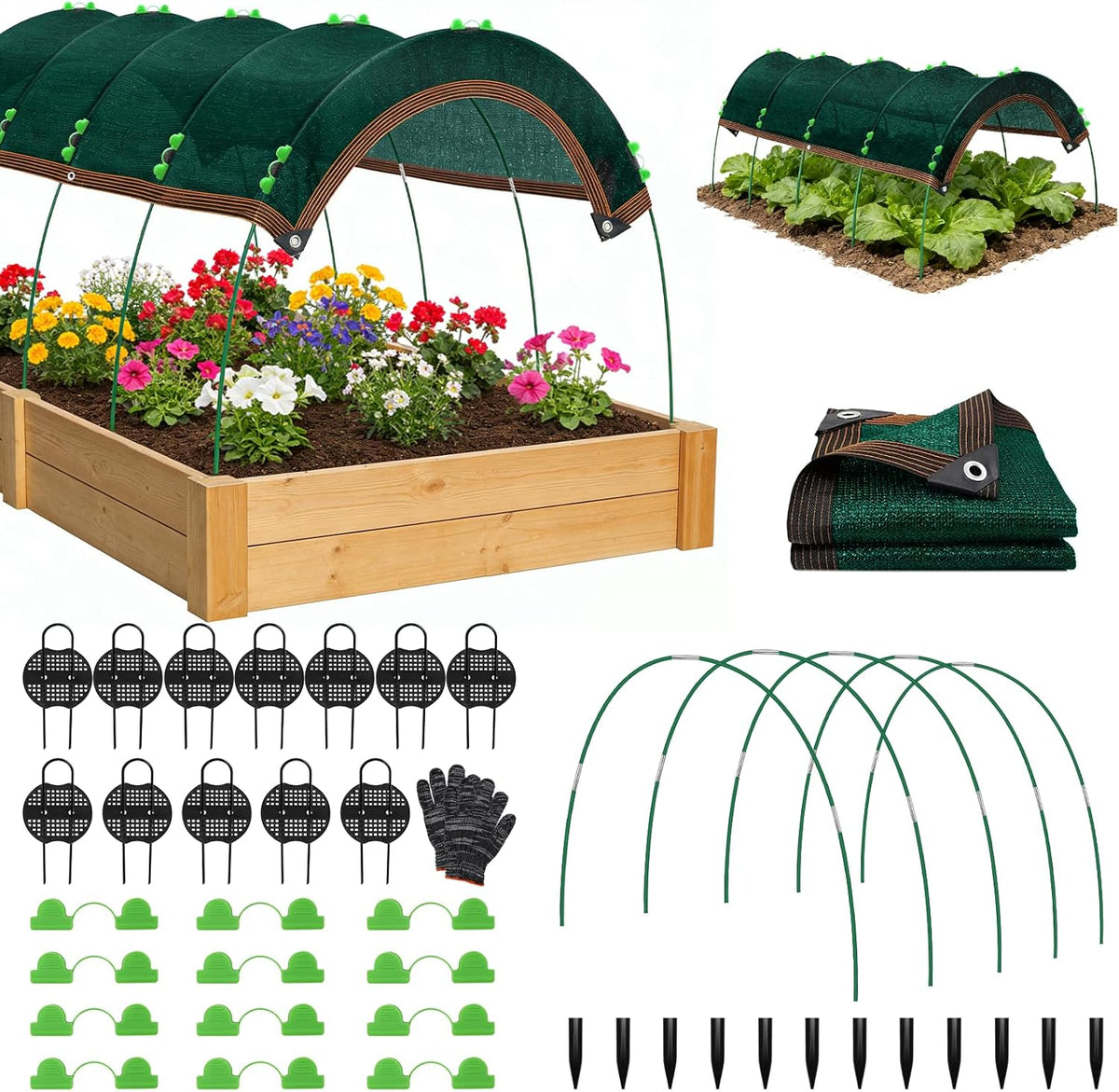 Garden Shade Kit 78.7"x39.4", 70% Green Shade Cloth with Hoops for Plants, Raised Garden Bed Shade Cover for Heat