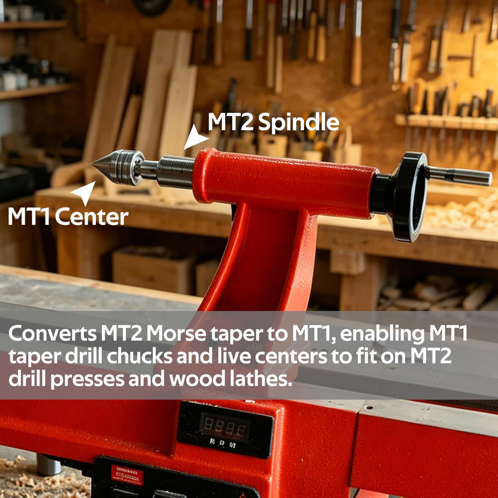 MT2 to MT1 Morse Taper Drill Sleeve Reducing Adapter, Heavy Duty Woodworking Lathe Tailstock Tool. Enabling MT1 taper drill chucks and live centers to fit on MT2 drill presse and wood lathe.
