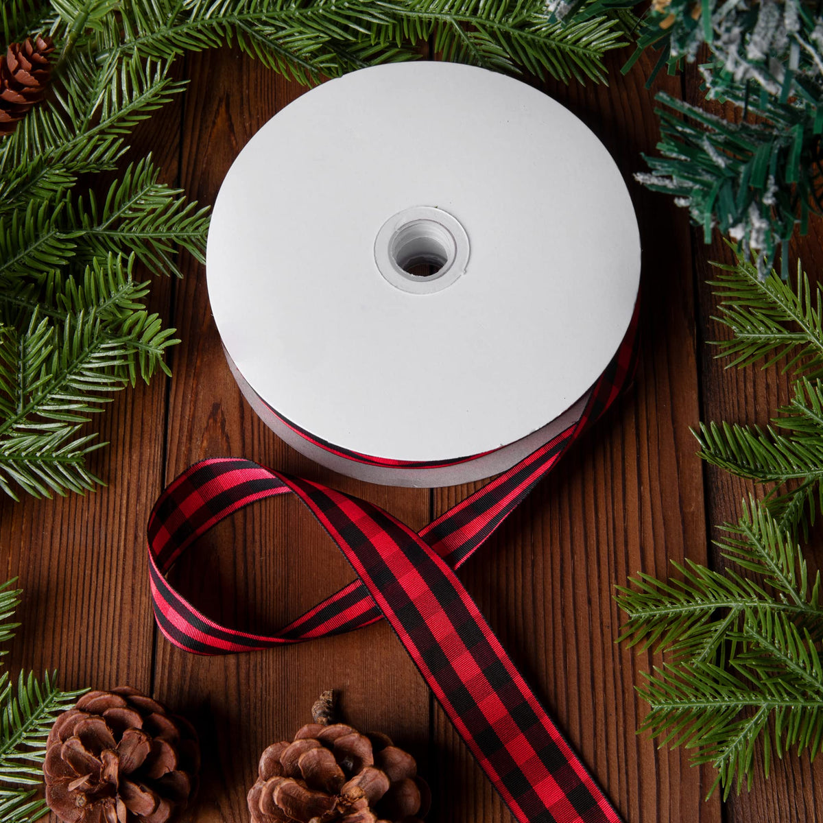 50 Yard Large Buffalo Plaid Ribbon - 1" Red Black Lumberjack Check Ribbon