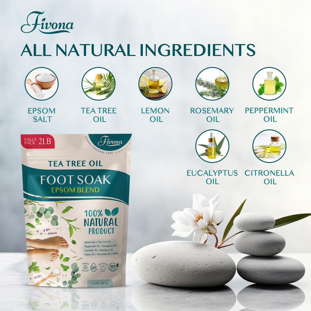 Foot Soak Epsom Salt with Tea Tree Oil 2 LB - Epsom Salt with Essential Oils for Healthy Toenails, Soothing Relief