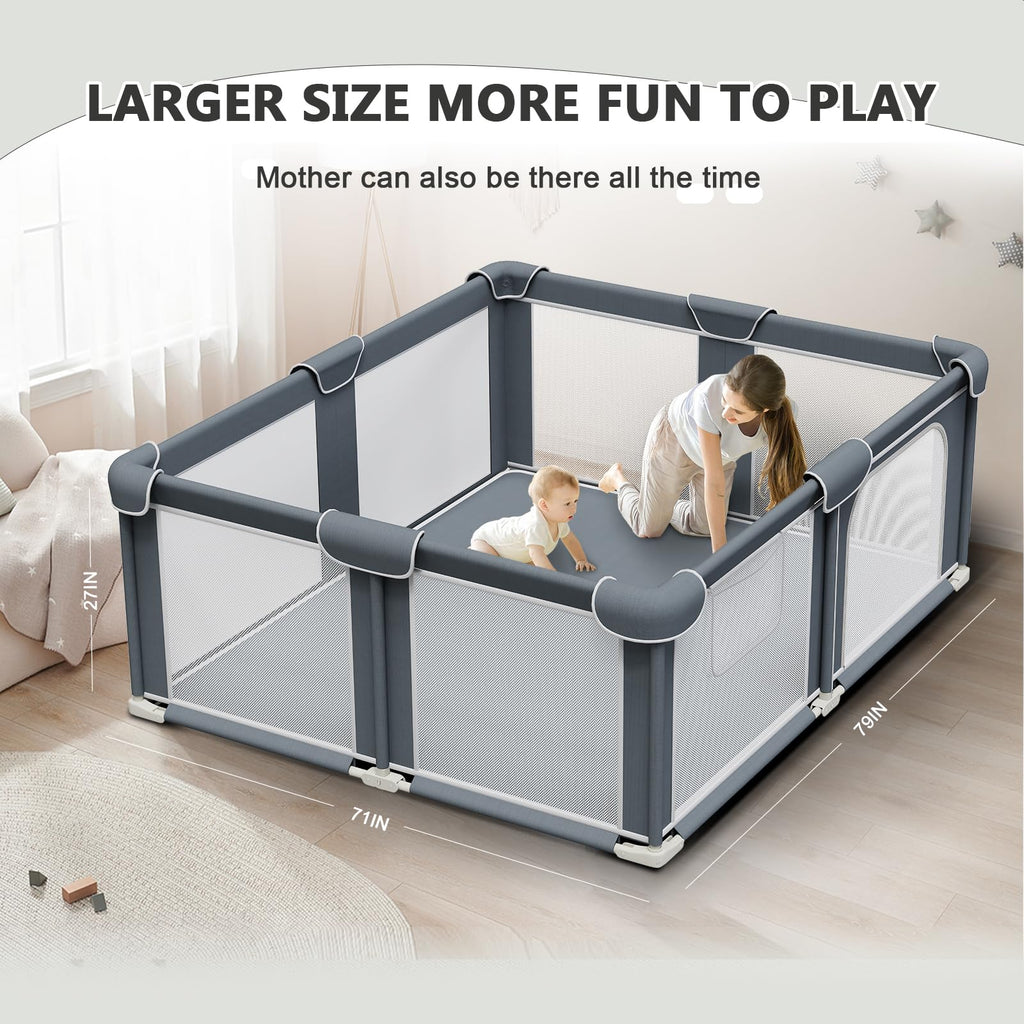71" x79" Modular Foldable Baby Playpen & Safety Activity Yard with Locking Walk-Through Gate for Infants & Toddlers