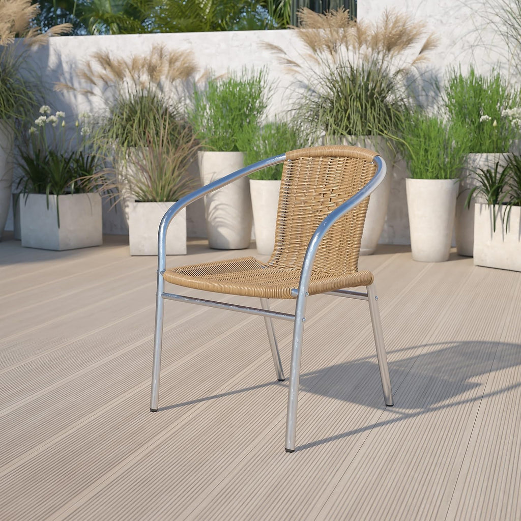 Lila 4 Pack Commercial Aluminum and Beige Rattan Indoor-Outdoor Restaurant Stack Chair