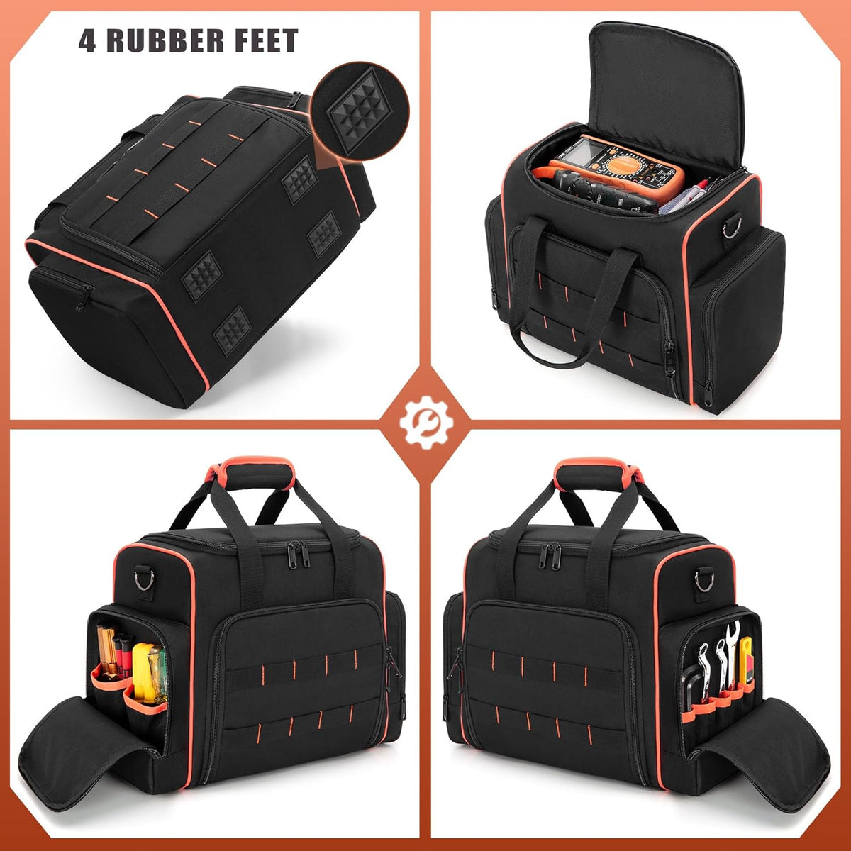 Tool Bag with 3 Removable Cases, 2 Layers Tool Tote for Hand Tools, Black with Red Binding