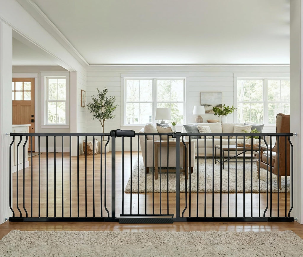 85.8-105" Extra-Wide Adjustable Hardware/Pressure-Mounted Pet & Child Safety Gate with Dual-Lock Walk-Through Swing Door for Stairs, Hallways & Wide Doorways