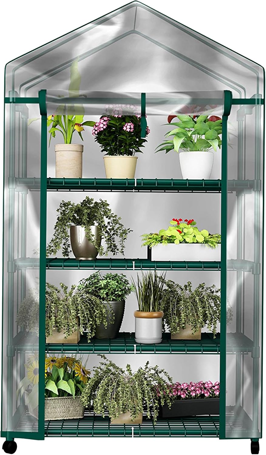 4 Tier Mini Greenhouse - Portable Greenhouse with Locking Wheels and PVC Cover for Indoor or Outdoor Green House by