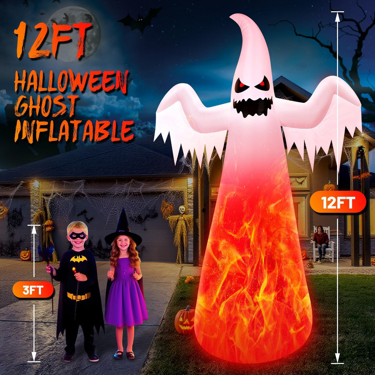12FT Giant Halloween Inflatables Ghost with 7-Colored Flame Rotation LED Lights, Huge Halloween Decorations Outdoor