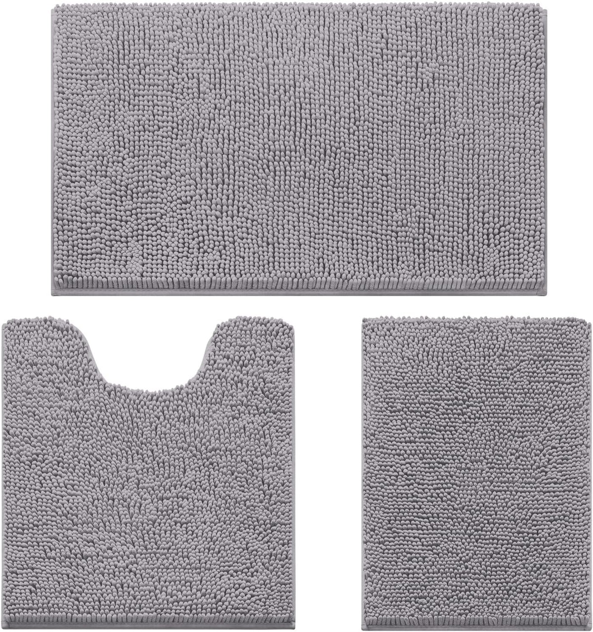 3 Pieces Bathroom Rugs, Soft Thick Absorbent Chenille Bath Mats, Washable Non-Slip Floor Rugs for Shower & Bath, Grey