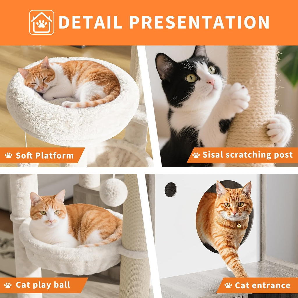 Cat Litter Box Enclosure with Tree Tower and Condo, Multi-Level Cat Tree with Scratching Posts, Cozy Hammock, Hanging