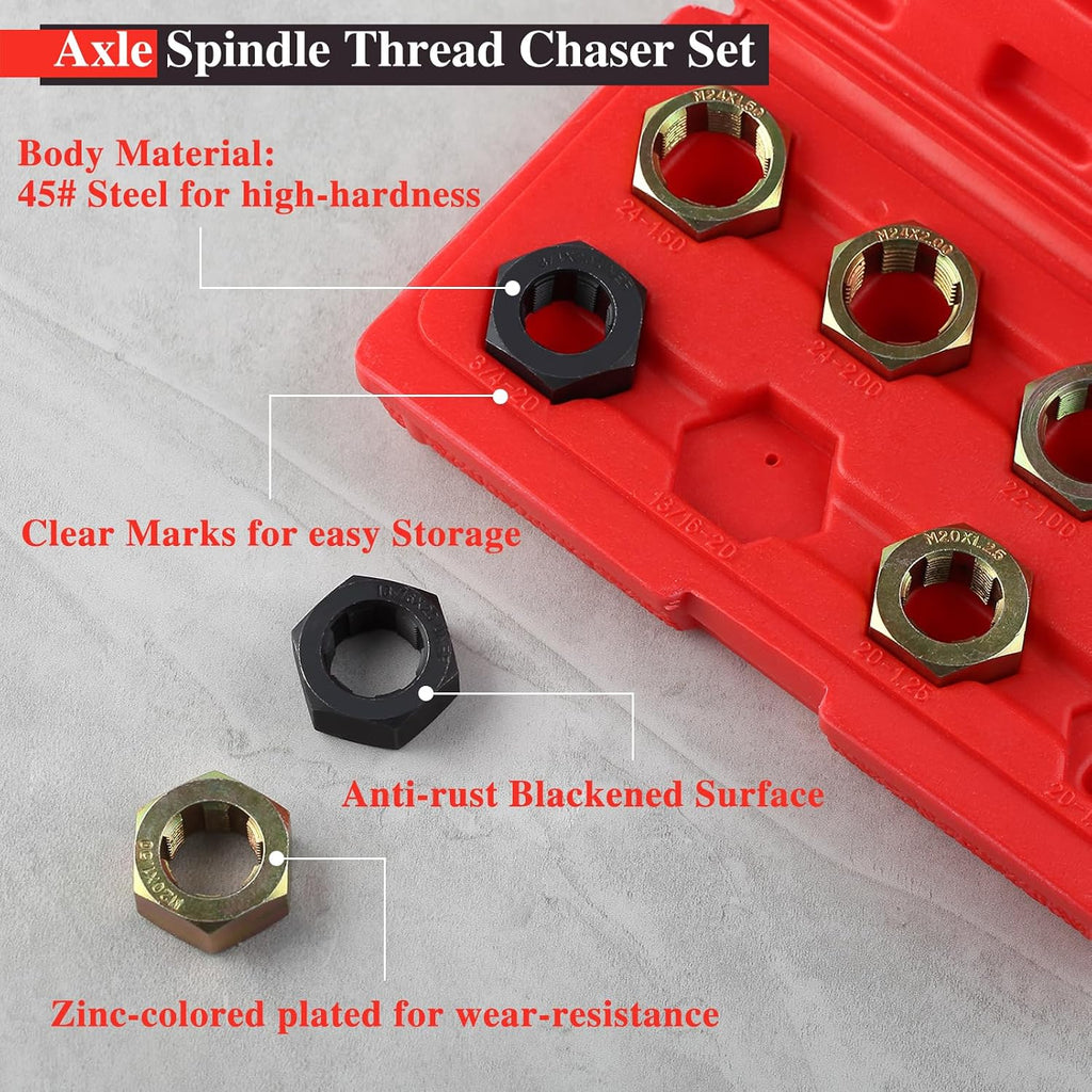8 PCS Axle Spindle Thread Chaser Set, Thread Repair Kit High-Strength Thread Restorer Tool, Axle Spindle Fractional Cleaning and Rethreading Set Metric M20 M22 M24 & UNEF 13/16" 3/4"