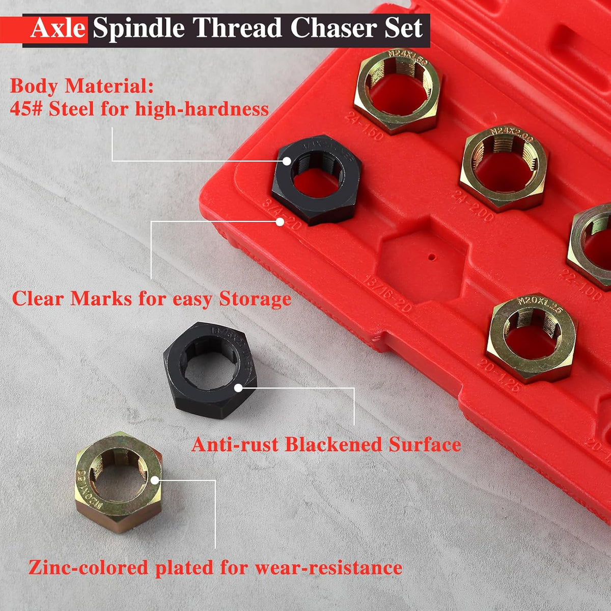 8 PCS Axle Spindle Thread Chaser Set, Thread Repair Kit High-Strength Thread Restorer Tool, Axle Spindle Fractional Cleaning and Rethreading Set Metric M20 M22 M24 & UNEF 13/16" 3/4"