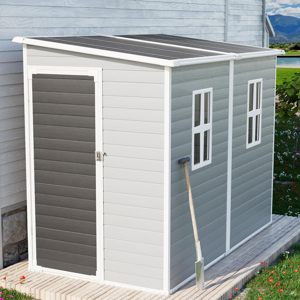 4x8 FT Plstic Resin Outdoor Lean to Shed with Floor Included | Waterproof Storage Sheds, Lockable Door,2