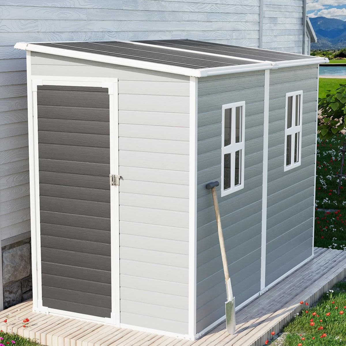 4x8 FT Plstic Resin Outdoor Lean to Shed with Floor Included | Waterproof Storage Sheds, Lockable Door,2