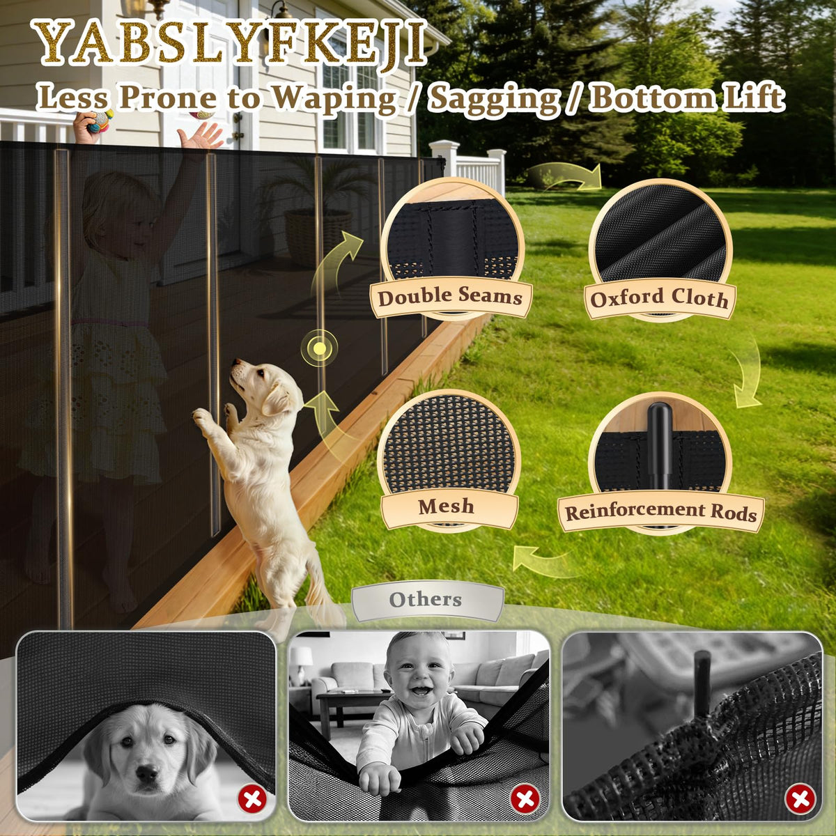 236" x 42" Tall Extra-Wide Retractable Indoor Mesh Pet & Child Safety Gate with One-Hand Safety Lock for Wide Openings, Patios & Stairways