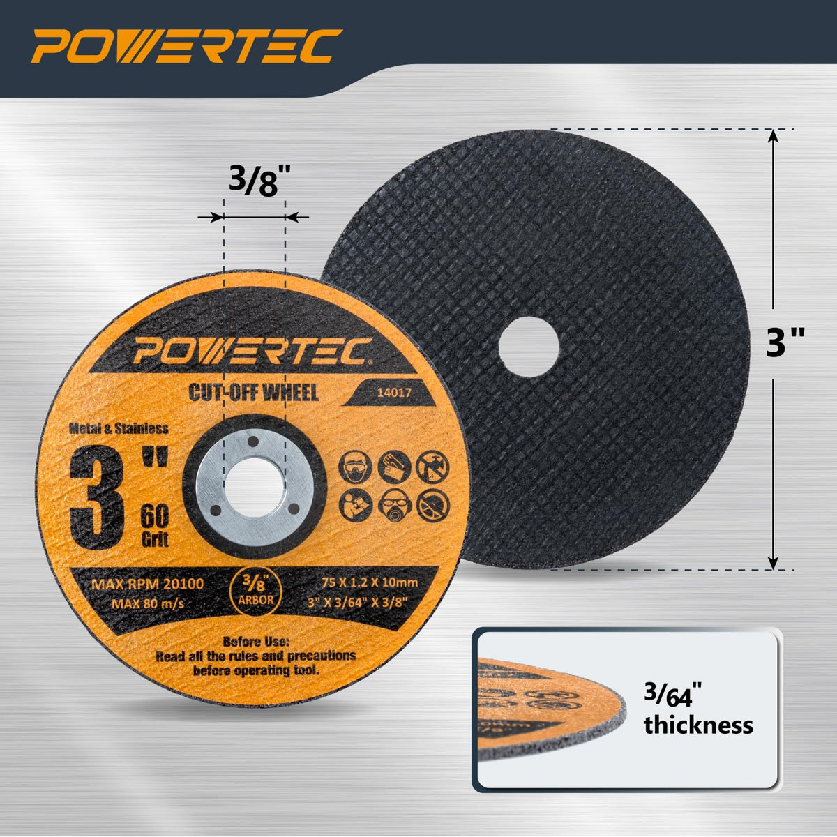 POWERTEC 3" Cut-Off Wheels, 50 PK, 3/8" Arbor (14017)