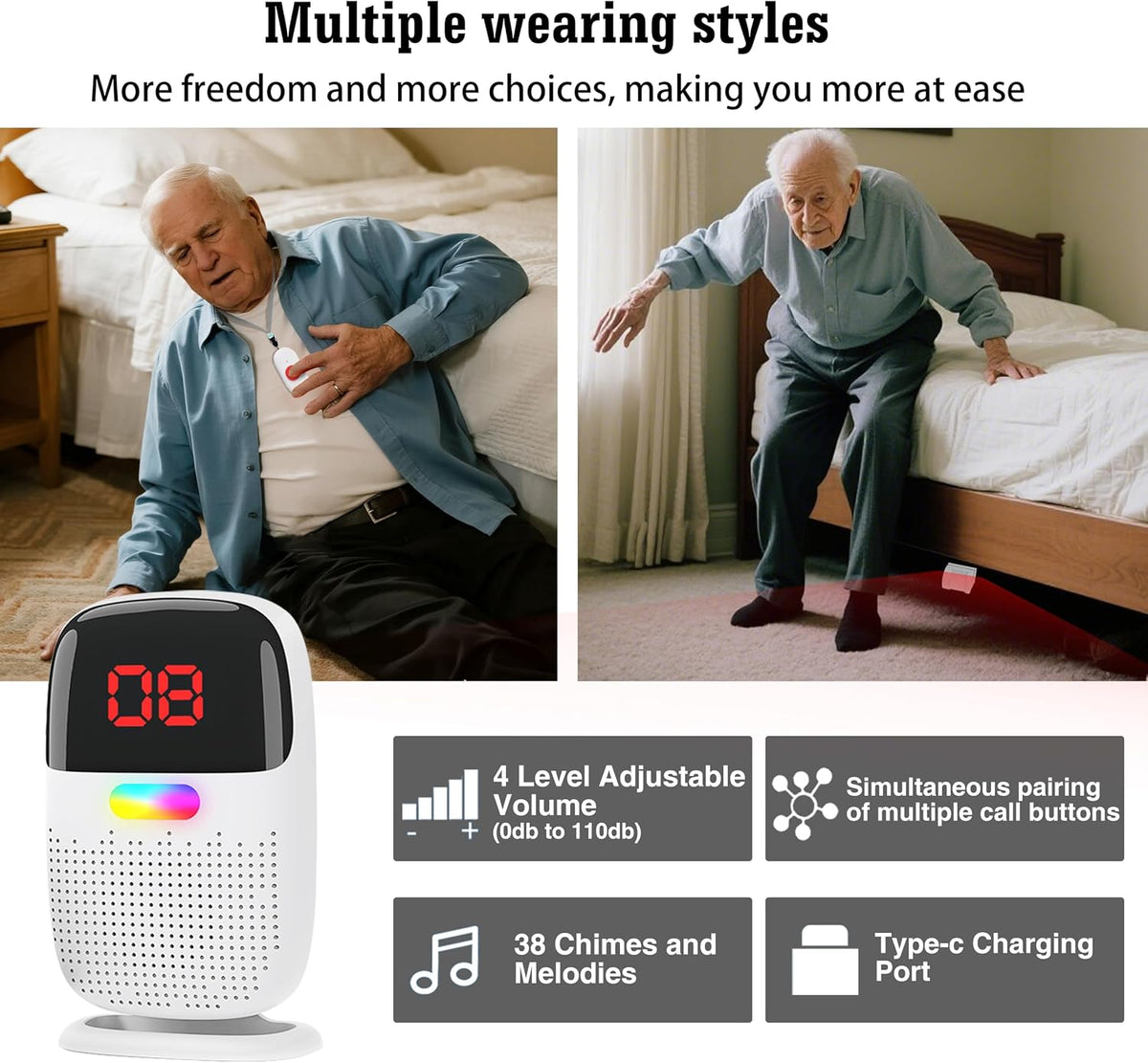Upgraded Version Bed Sensor Alarm and Fall Prevention for Elderly/Dementia and More,Caregiver Pager Motion Sensor