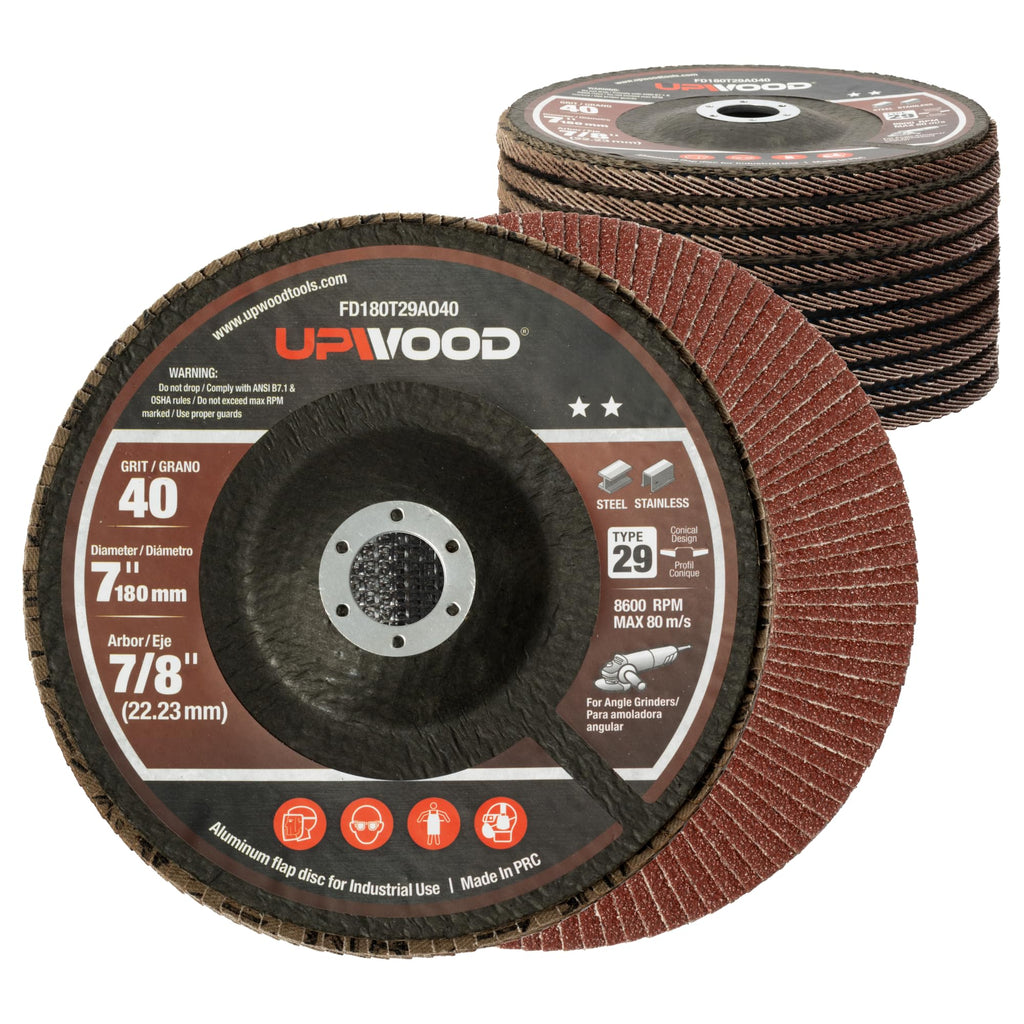 UPWOOD 40 Grit 7" x 7/8" Aluminum Oxide Type 29 Flap Discs for 7 inch Angle Grinder, Metal Grinding & Sanding, Finishing & Stock Removal - 10 Pack