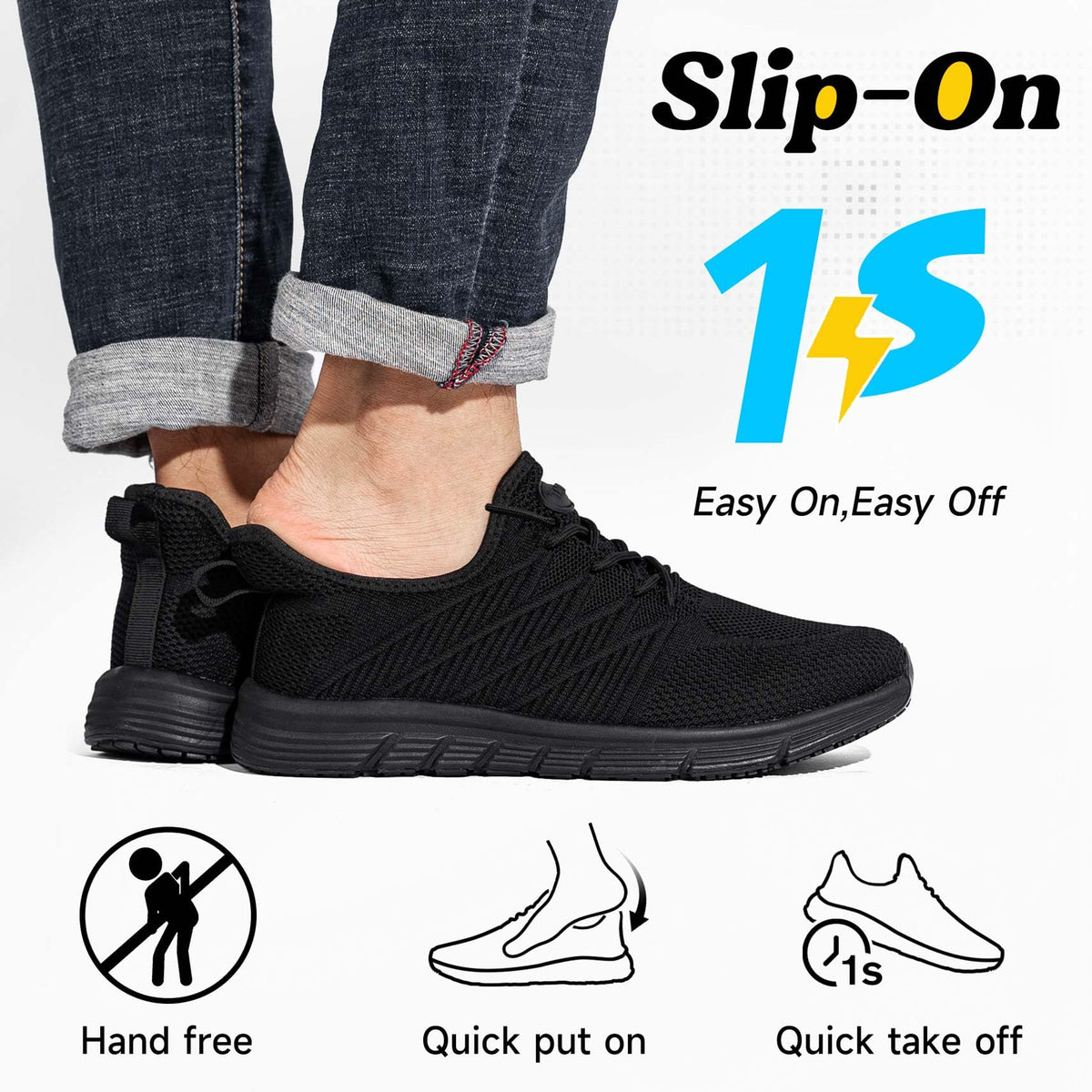 Non Slip Work Shoes for Women Slip On Sneakers, Black,8